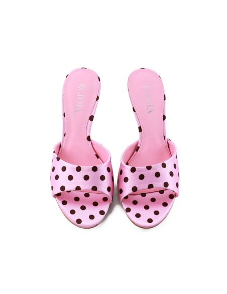 Pink stiletto flip-flops with brown satin polka dots