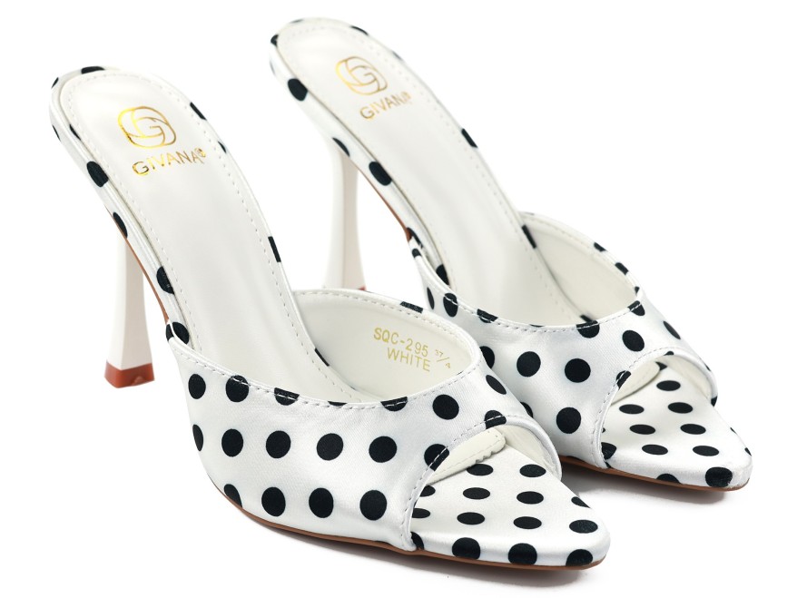 White stiletto flip-flops with black satin polka dots