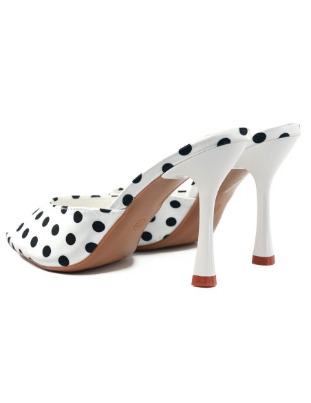 White stiletto flip-flops with black satin polka dots