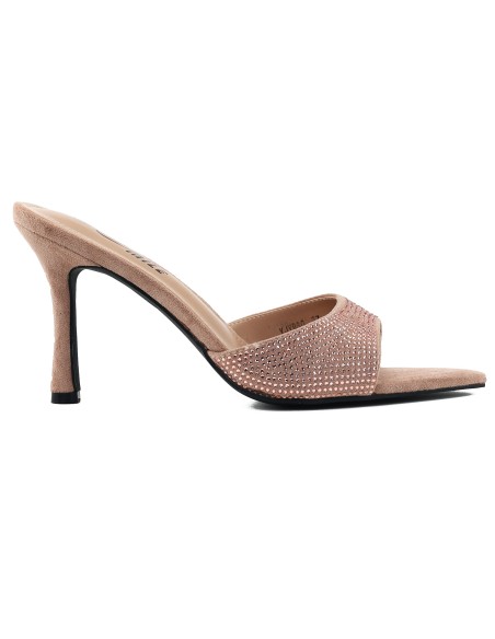 Sandales à talon aiguille en daim beige, ornées de strass, à bout pointu
