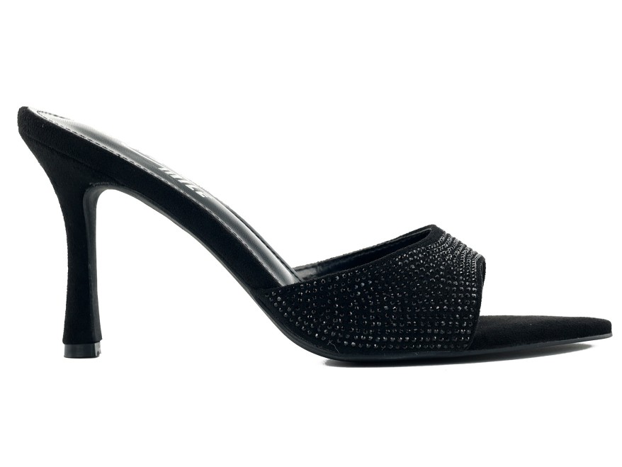 Sandales en daim noir à talon aiguille de 10 cm, ornées de strass noirs