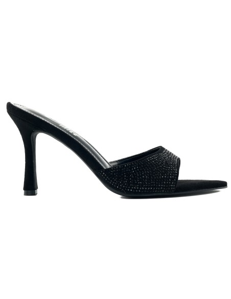 Sandale negre din piele de căprioară, cu toc de 10 cm, cu strasuri negre