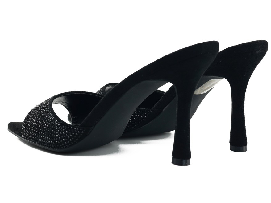 Black suede flip-flops with a 10-cm stiletto heel and black rhinestones