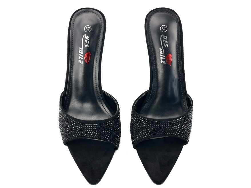 Black suede flip-flops with a 10-cm stiletto heel and black rhinestones