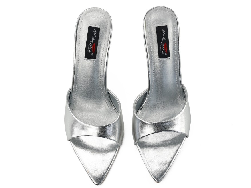 Silver stiletto sandals with an 11-cm heel and a pointed toe