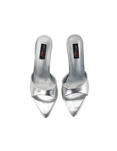 Silver stiletto sandals with an 11-cm heel and a pointed toe