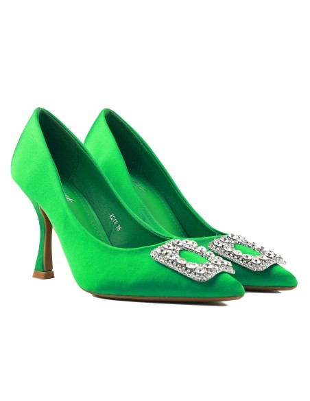 Escarpins verts avec broche et strass, en satin, 9 cm