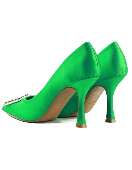 Pantofi cu toc înalt verzi, cu broșă și strasuri, din satin, 9 cm