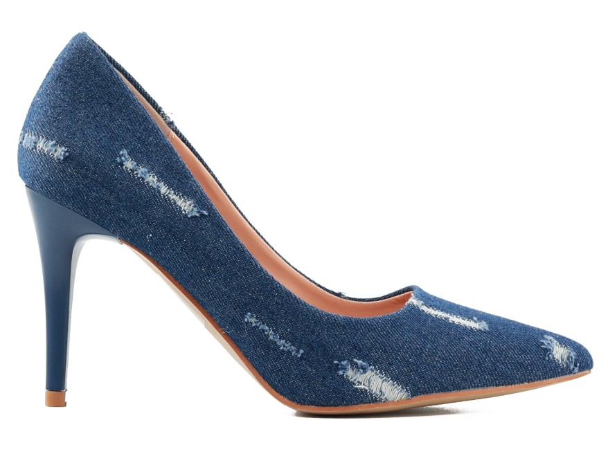 Pantofi cu toc înalt pentru femei, din denim, cu efecte de uzură, 9 cm