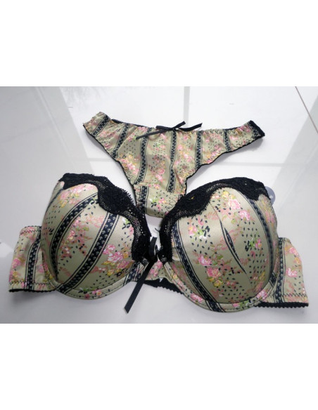 ENSEMBLE LINGERIE BEIGE NOIR STRING CORROSIF - 1