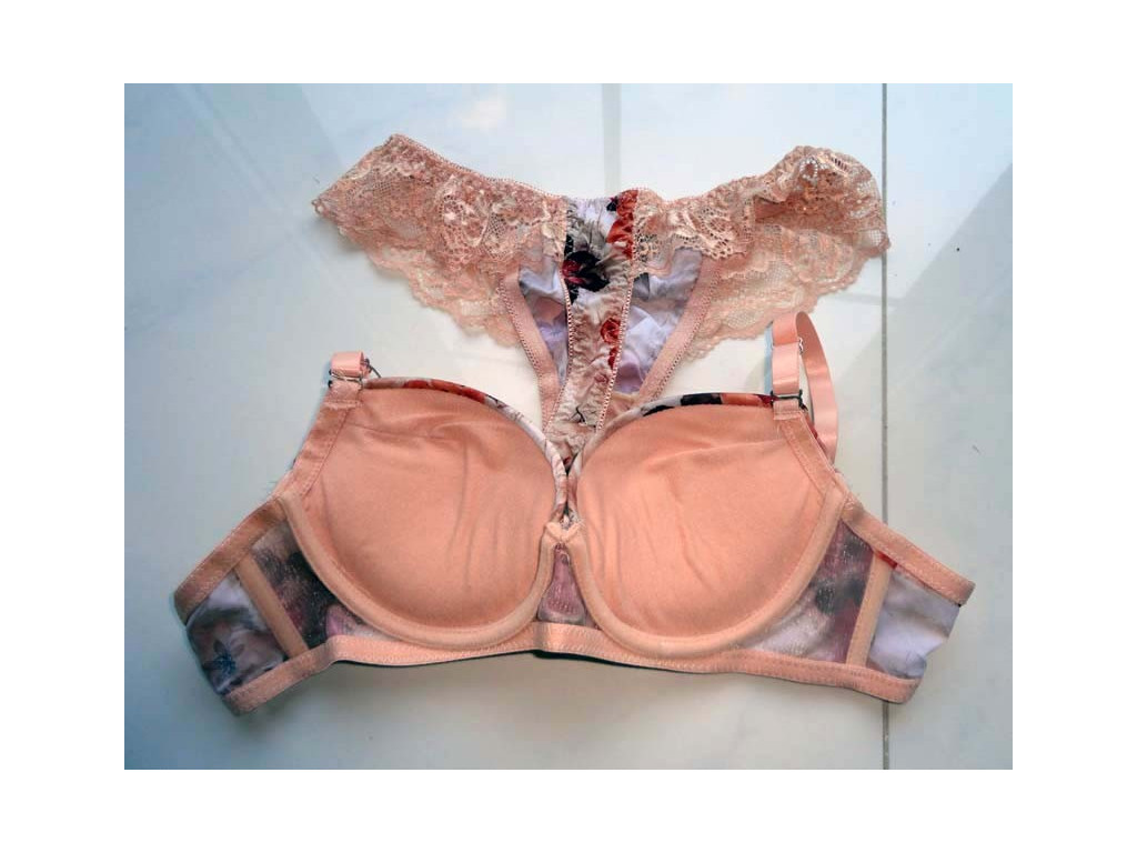 SATIN LINGERIE SET BEIGE FLOWER THONG - 2