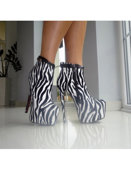Vysoké podpatky ZEBRA ANKLE BOOTS WHITE BLACK