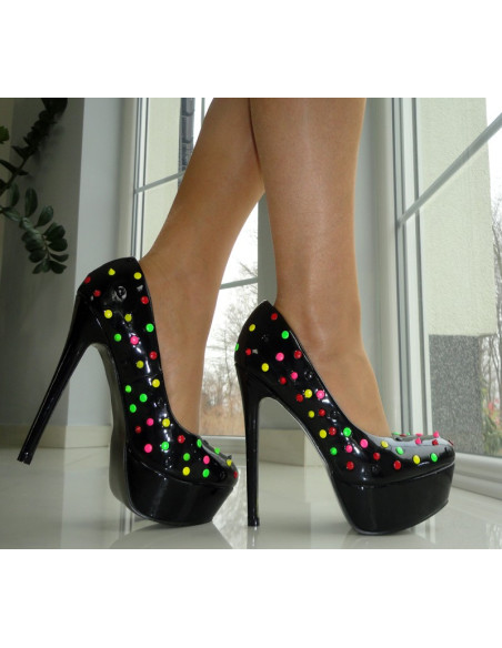 Tocuri înalte, pantofi, buline neon, vârfuri negre - 3