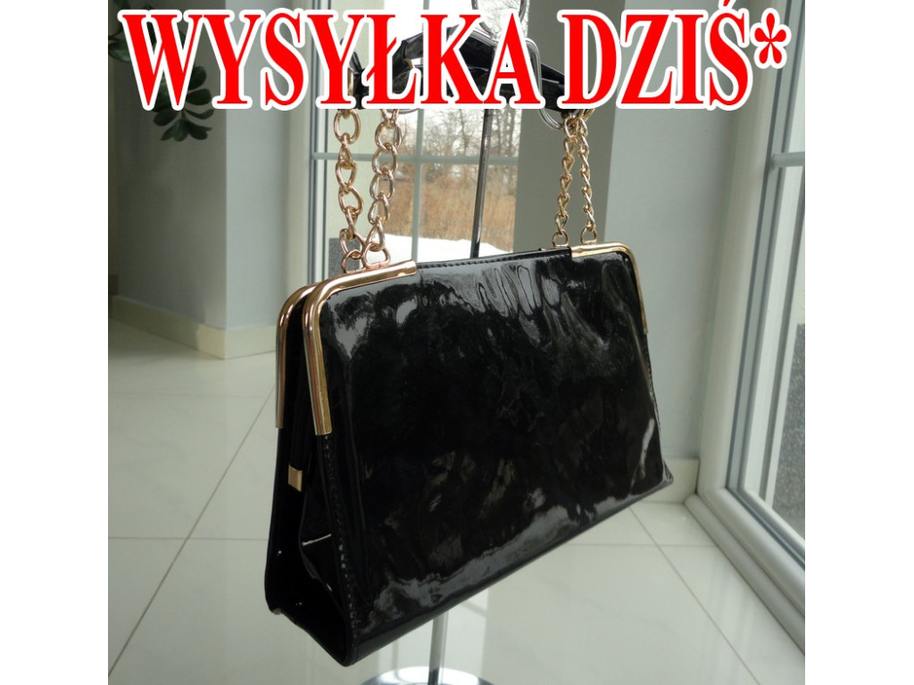 TORBKA CZARNA LAKIEROWANA ZŁOTY ŁAŃCUSZEK