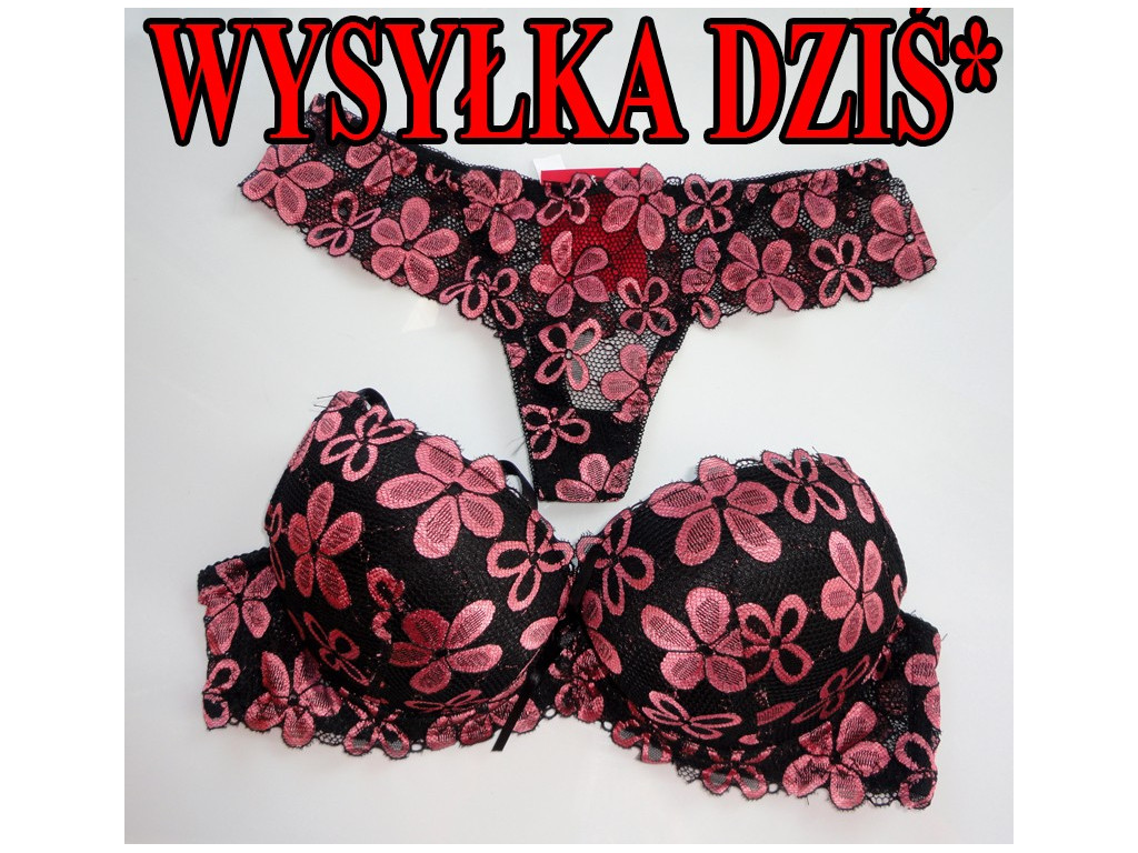 KOMPLETY BIELIZNY CZARNY RÓŻOWE KWIATY