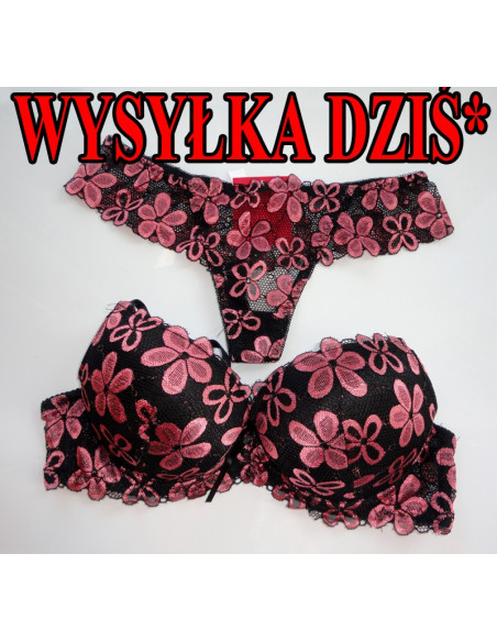 KOMPLETY BIELIZNY CZARNY RÓŻOWE KWIATY