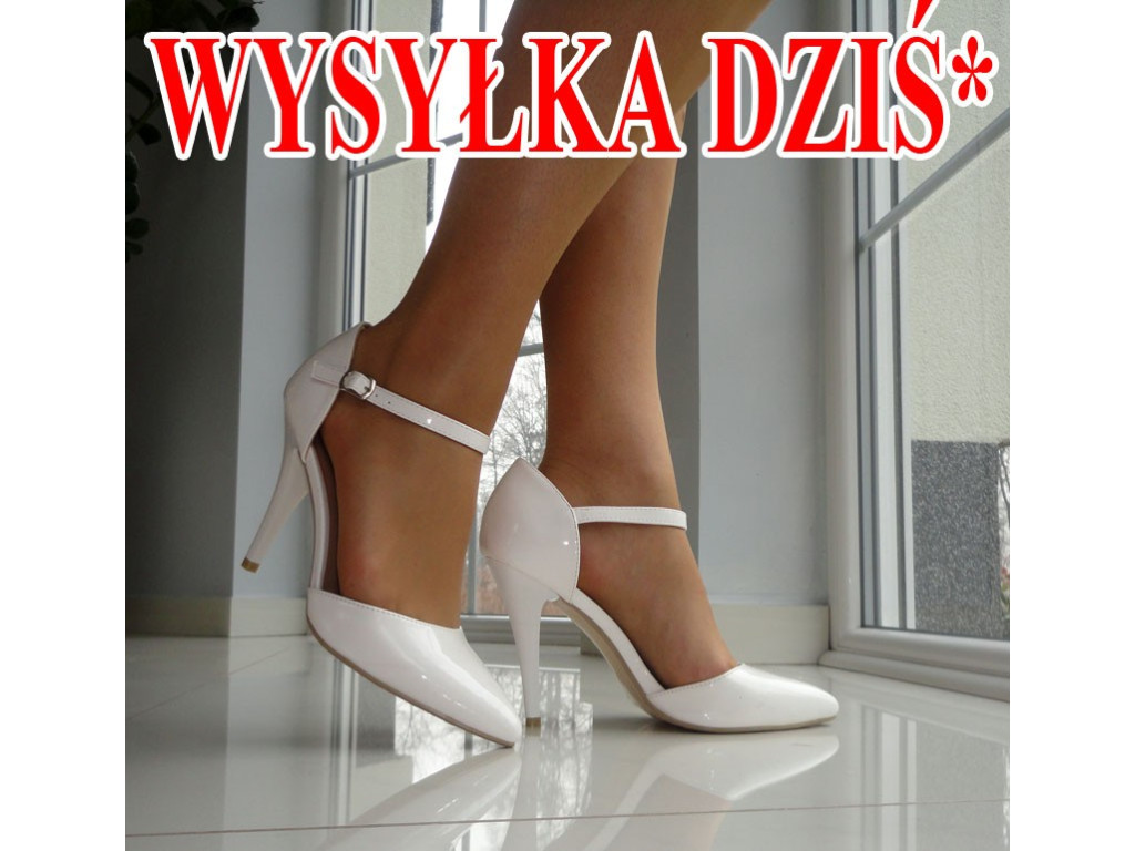 SZPILKI BUTY BIAŁE LAKIERKI ŚLUB Z PASECZKIEM 