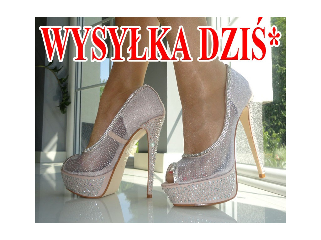 WYSOKIE SZPILKI BEŻOWE ECRU CYRKONIE SIATECZKA