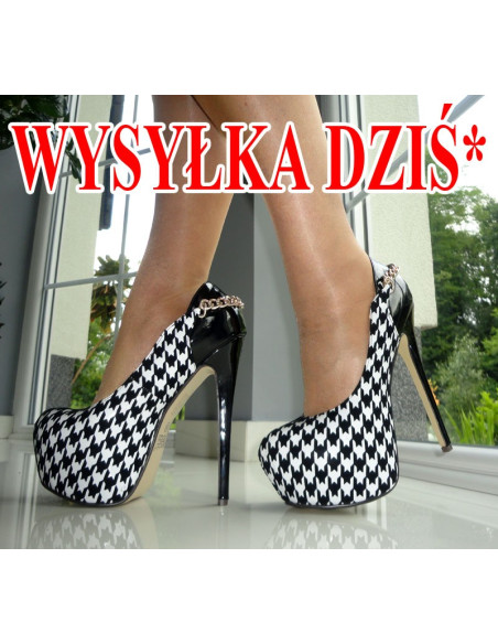 WYSOKIE SZPILKI PEPITKA LAKIERKI ŁAŃCUSZEK BIAŁE