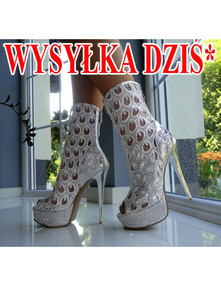 WYSOKIE SZPILKI BOTKI CYRKONIE KORONKA BIAŁE