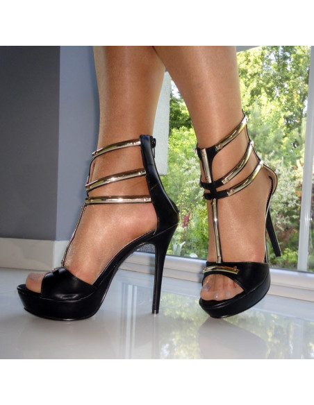 STILETTO HEELS PLATFORMINIAI JUODI SANDALAI AUKSO SPALVOS  - 4