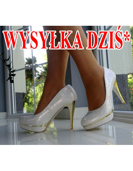 SZPILKI PLATFORMA BIAŁE NISKIE CYRKONIE