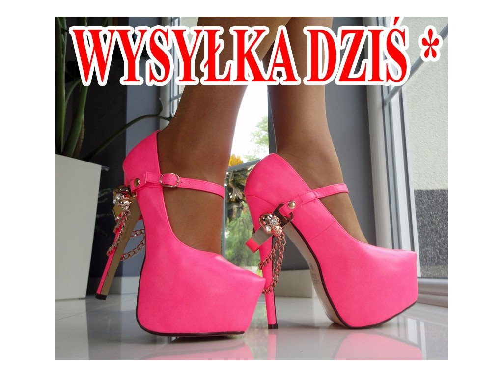 WYSOKIE RÓŻOWE NEONOWE SZPILKI ŁAŃCUSZKI