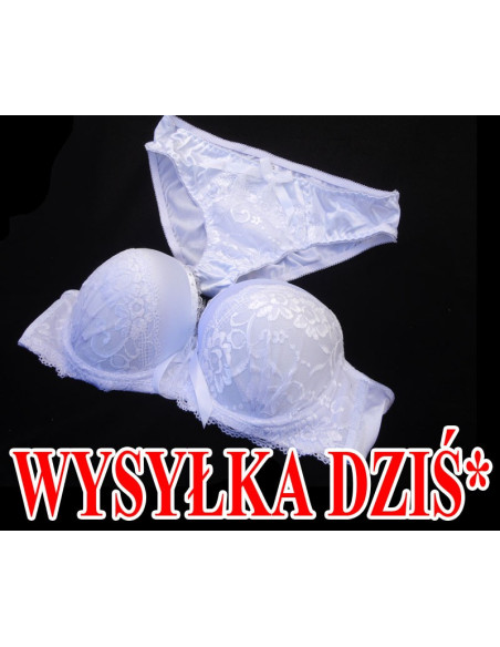 KOMPLET BIELIZNY BIAŁY KORONKA CYRKONIE