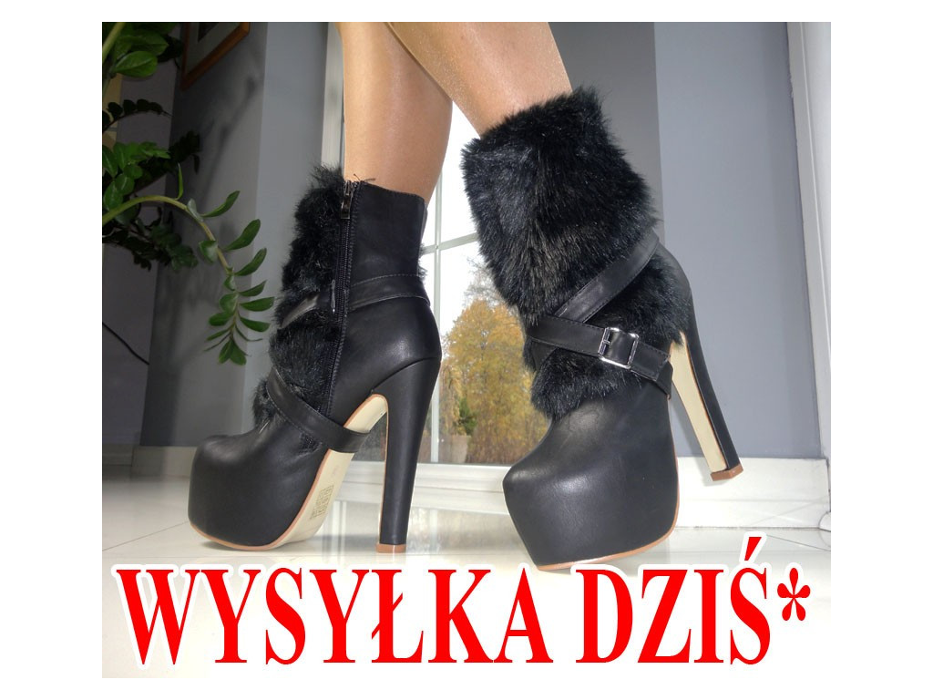 WYSOKIE CZARNE BOTKI SZPILKI FUTERKO