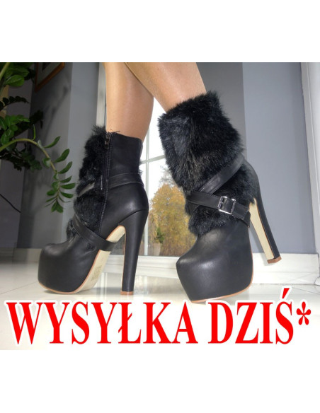 WYSOKIE CZARNE BOTKI SZPILKI FUTERKO