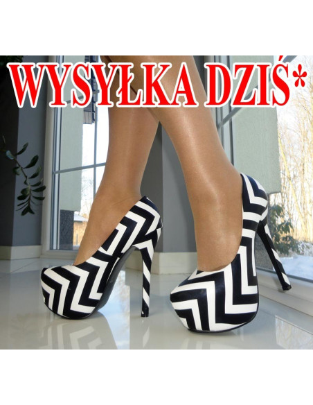 WYSOKIE SZPILKI CZARNO BIAŁE PASY PLATFORMA