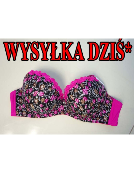 BIUSTONOSZ CZARNO RÓŻOWY W KWIATKI NEONOWY